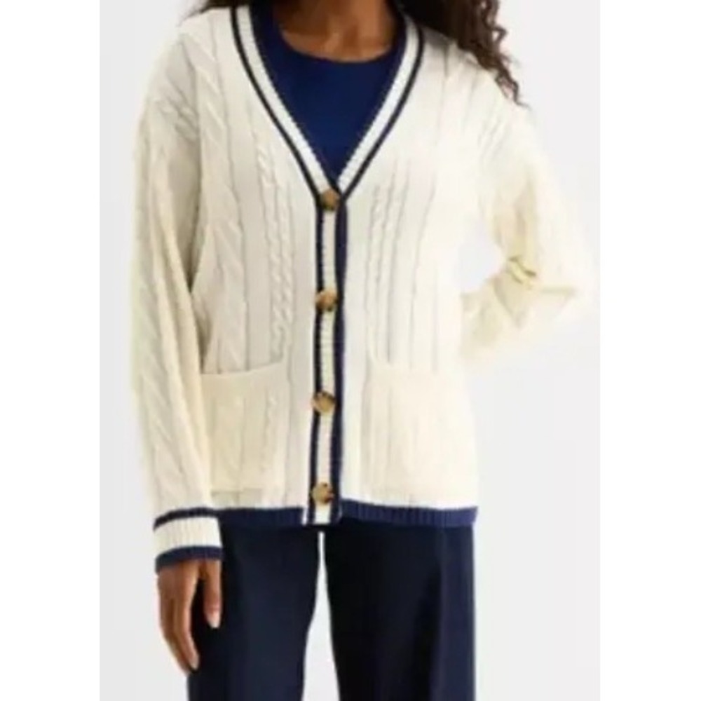Women Ivory Navy Button Up Preppy Nautical Fisherman Academia Varsity Cardigan